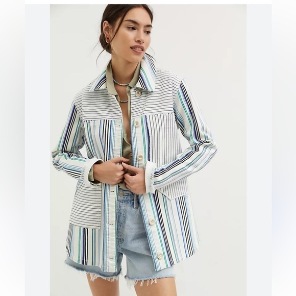 Maeve by Anthropologie Denim Shirt Jacket White Blue & Black Stripes medium - Picture 3 of 8